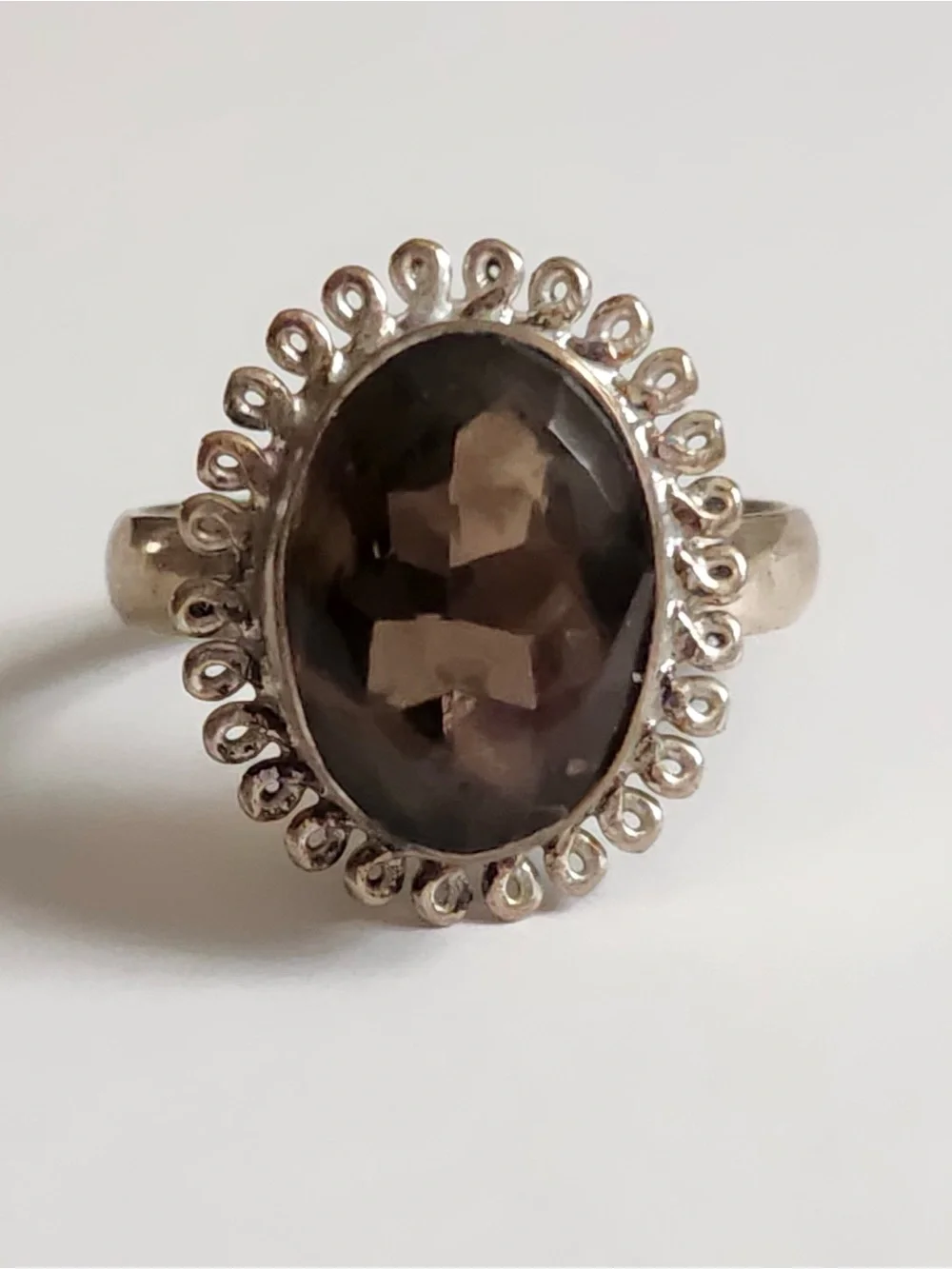 Smoky Quartz Oval Costume Silvertone Ring Elegant Dark Brown Gemstone Size 9.75